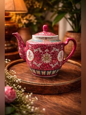 Imperial Rose Medallion Teapot — Chinese Auspicious Symbol Porcelain • Vintage